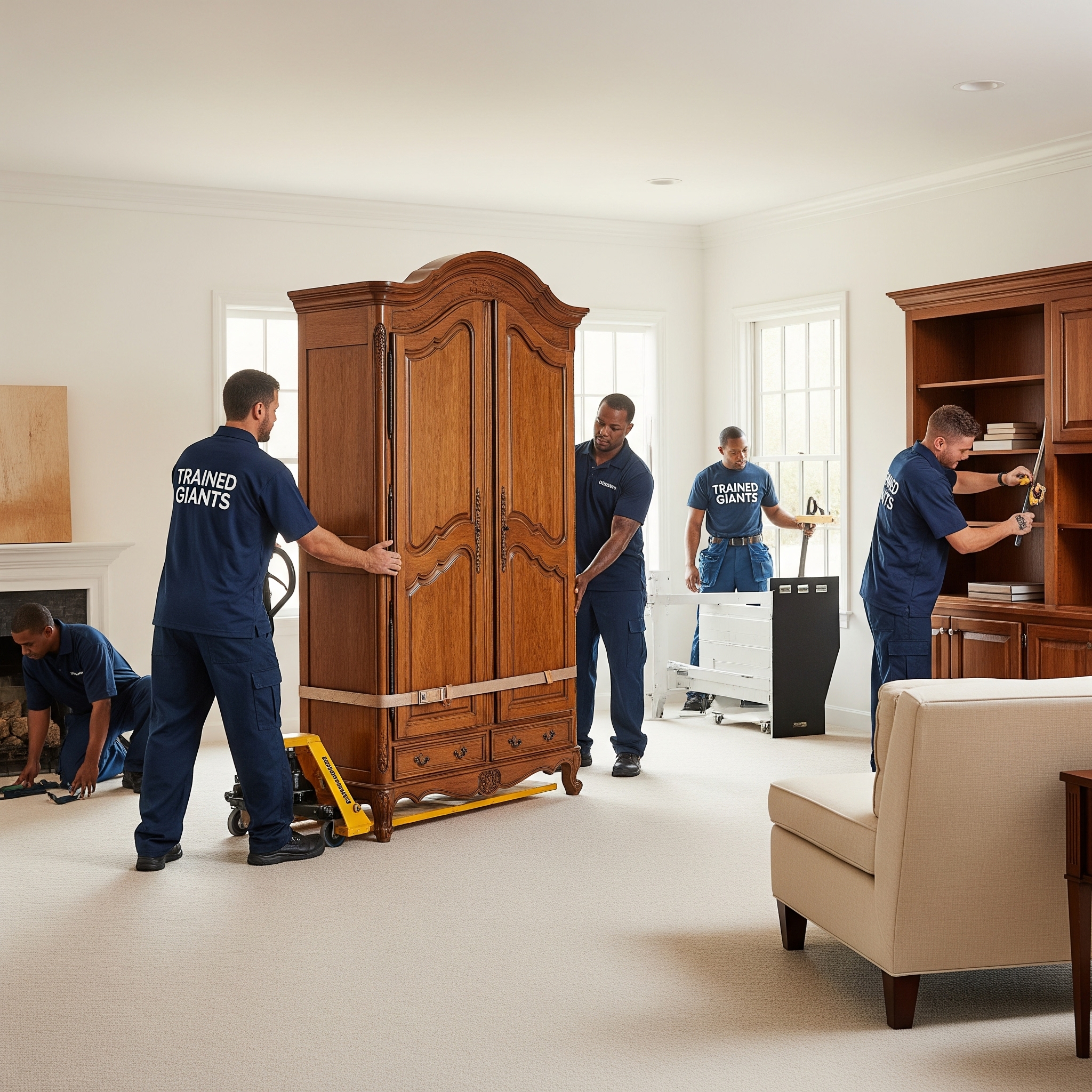 Movers handling large furniture for villa move